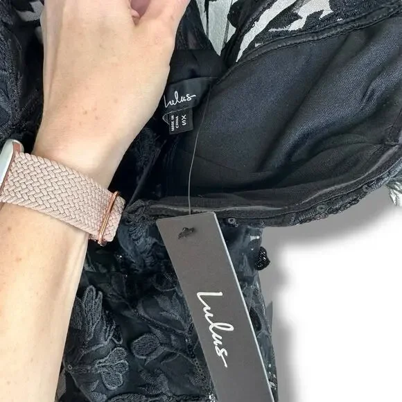 NEW Lulus Midnight Sparkle Black Embroidered Feather Bustier Maxi Dress XS - Picture 12 of 13